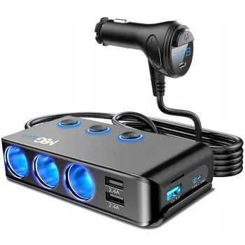 MBG Line HC67C Dual Cigarette Lighter Socket Splitter with 3 USB-A Ports, 120W, Black