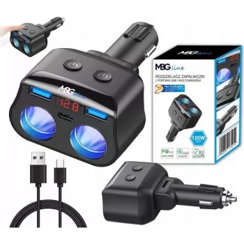 MBG Line HC69PD 3-Way Cigarette Lighter Splitter with 2x USB-C PD 30W and 2x USB-A QC 3.0, LED Voltage Display, 180W