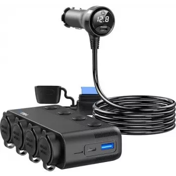 MBG Line HS75AD Car Cigarette Lighter Splitter with 2 Sockets and 3 USB Ports, 75cm Cable, Black