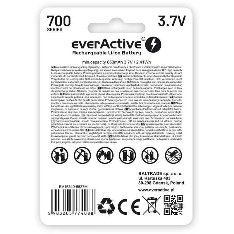 EVERACTIVE 16340 3.7V 700mAh Rechargeable Li-ion Battery with Protection Circuit (1 Piece)