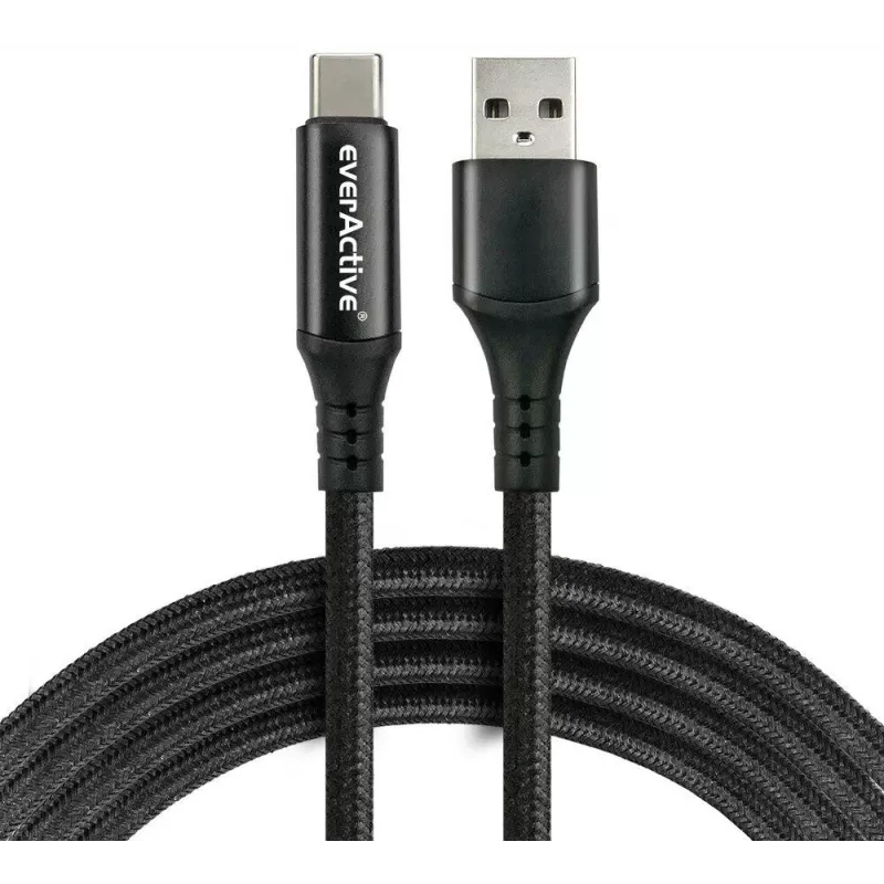 EVERACTIVE USB-A to USB-C Cable with LCD Display, 2m, 3A, 60W PD, Nylon Braided, Black