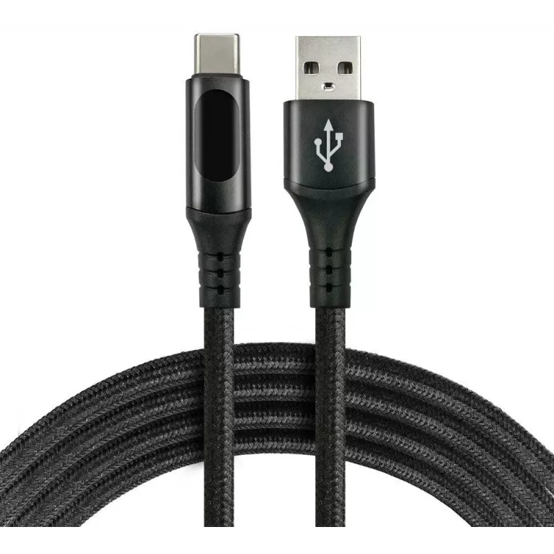 EVERACTIVE USB-A to USB-C Cable with LCD Display, 2m, 3A, 60W PD, Nylon Braided, Black
