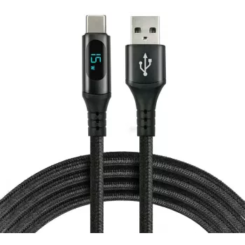 EVERACTIVE USB-A to USB-C Cable with LCD Display, 2m, 3A, 60W PD, Nylon Braided, Black