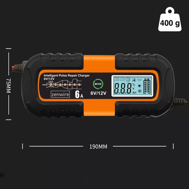 ZENWIRE JMD-6S 6V/12V 6A Smart Battery Charger with Repair Function for AGM GEL Lead-Acid Batteries