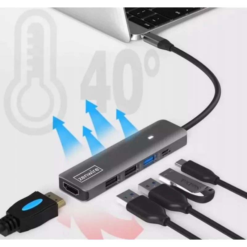 ZENWIRE BS-HC703 USB-C 7-in-1 Hub Adapter with HDMI 4K, USB 3.0, SD Card Reader, Power Delivery 100W, Space Gray