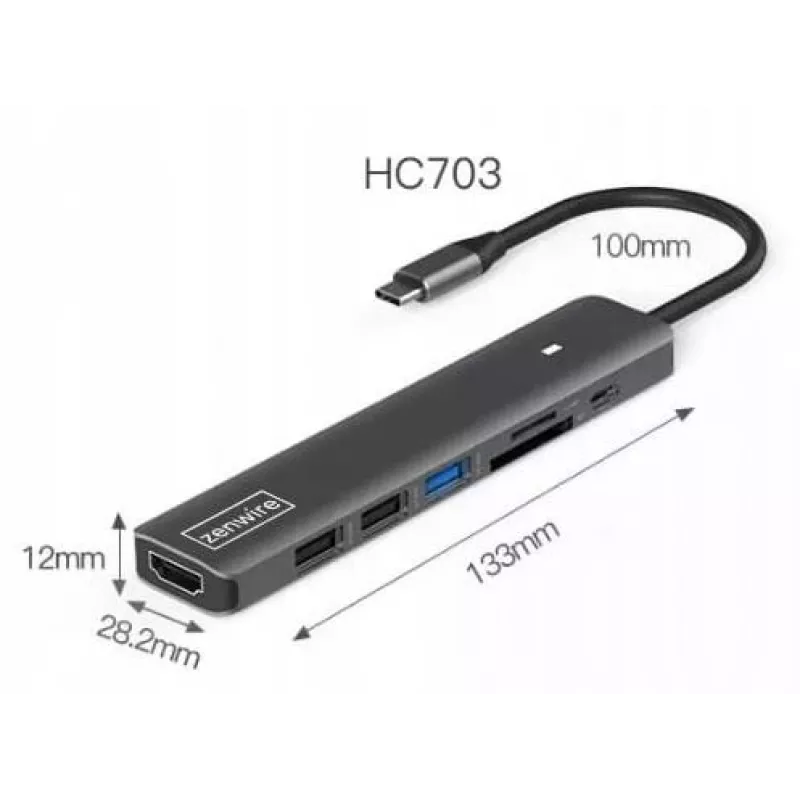 ZENWIRE BS-HC703 USB-C 7-in-1 Hub Adapter with HDMI 4K, USB 3.0, SD Card Reader, Power Delivery 100W, Space Gray