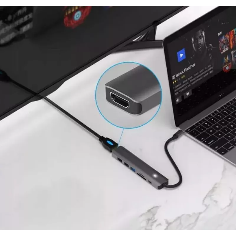 ZENWIRE BS-HC703 USB-C 7-in-1 Hub Adapter with HDMI 4K, USB 3.0, SD Card Reader, Power Delivery 100W, Space Gray