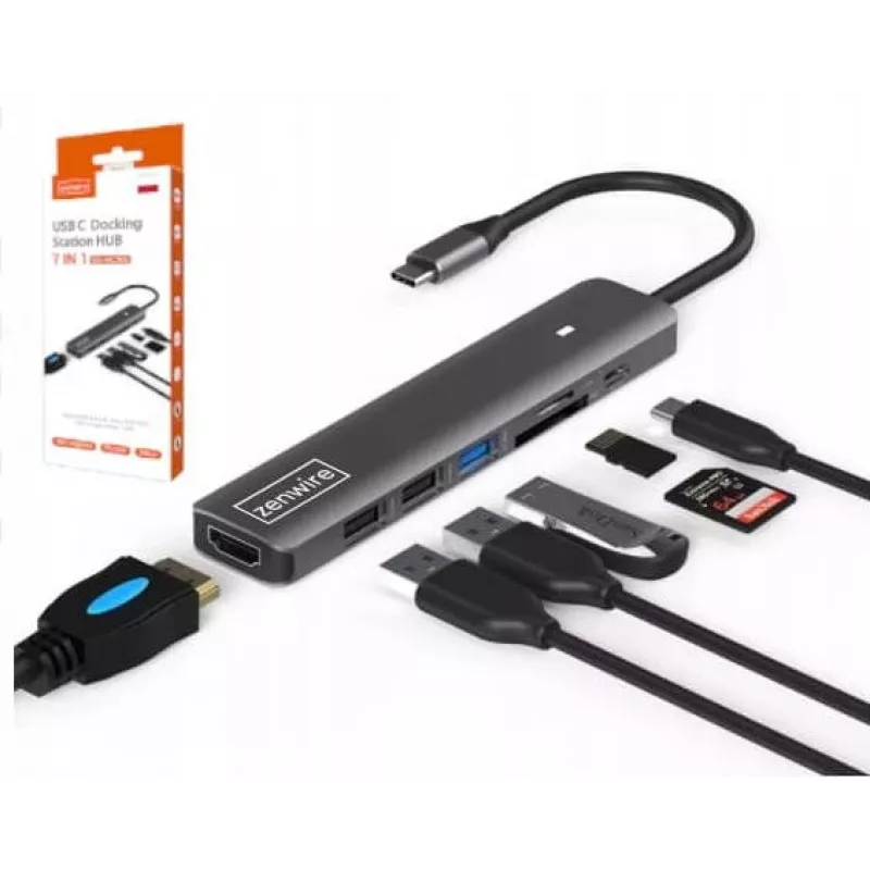 ZENWIRE BS-HC703 USB-C 7-in-1 Hub Adapter with HDMI 4K, USB 3.0, SD Card Reader, Power Delivery 100W, Space Gray