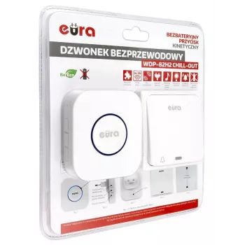 EURA WDP-82H2 Wireless Doorbell Kit, Battery-Free Kinetic Transmitter, 36 Melodies, 100m Range, White