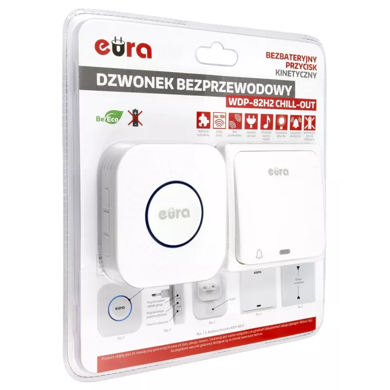 EURA WDP-82H2 Wireless Doorbell Kit, Battery-Free Kinetic Transmitter, 36 Melodies, 100m Range, White