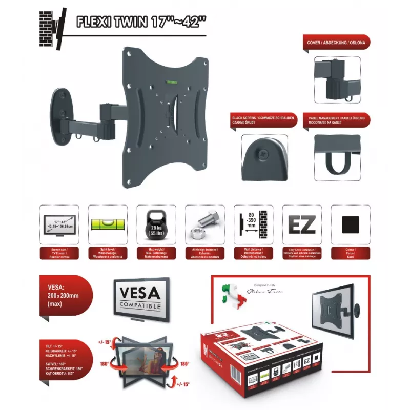 OPTICUM Flexi Twin Full-Motion TV Wall Mount for 17-42 inch Screens, Black, 25 kg Capacity
