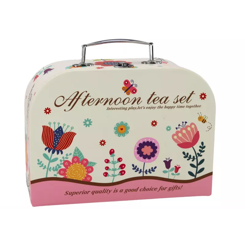 LEAN TOYS Tea Set in a Suitcase - 15-Piece Tin Tableware Set with Cups, Plates, Cake Stand, and Serving Tray - Pink, Blue, White Floral Design - Portable Role-Play Toy for Kids 3+