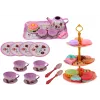 LEAN TOYS Tea Set in a Suitcase - 15-Piece Tin Tableware Set with Cups, Plates, Cake Stand, and Serving Tray - Pink, Blue, White Floral Design - Portable Role-Play Toy for Kids 3+