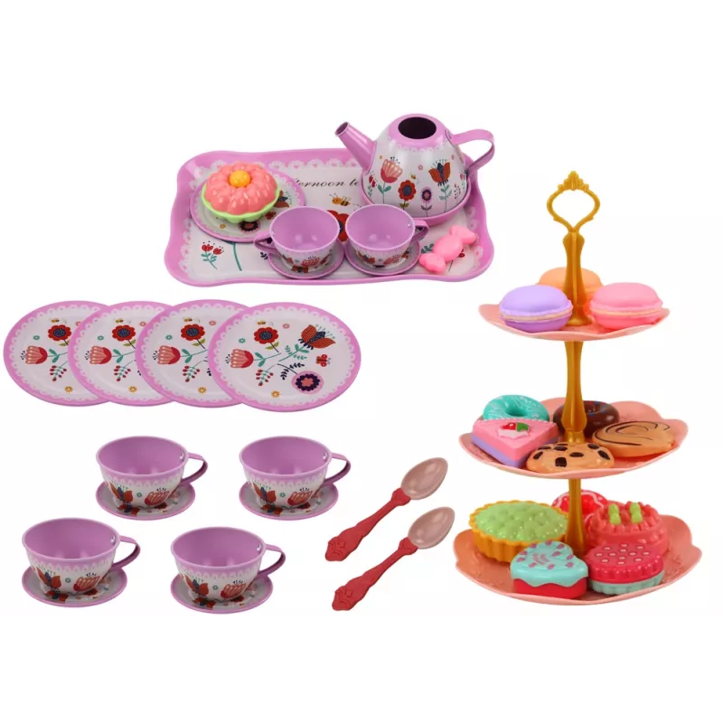 LEAN TOYS Tea Set in a Suitcase - 15-Piece Tin Tableware Set with Cups, Plates, Cake Stand, and Serving Tray - Pink, Blue, White Floral Design - Portable Role-Play Toy for Kids 3+