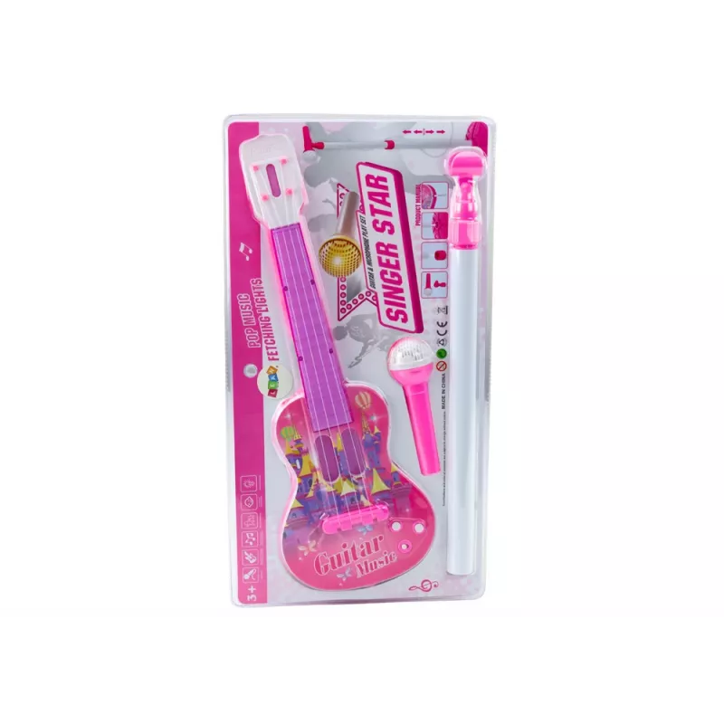 LEAN TOYS Electric Guitar Stand Kit with Microphone Battery Operated Pink