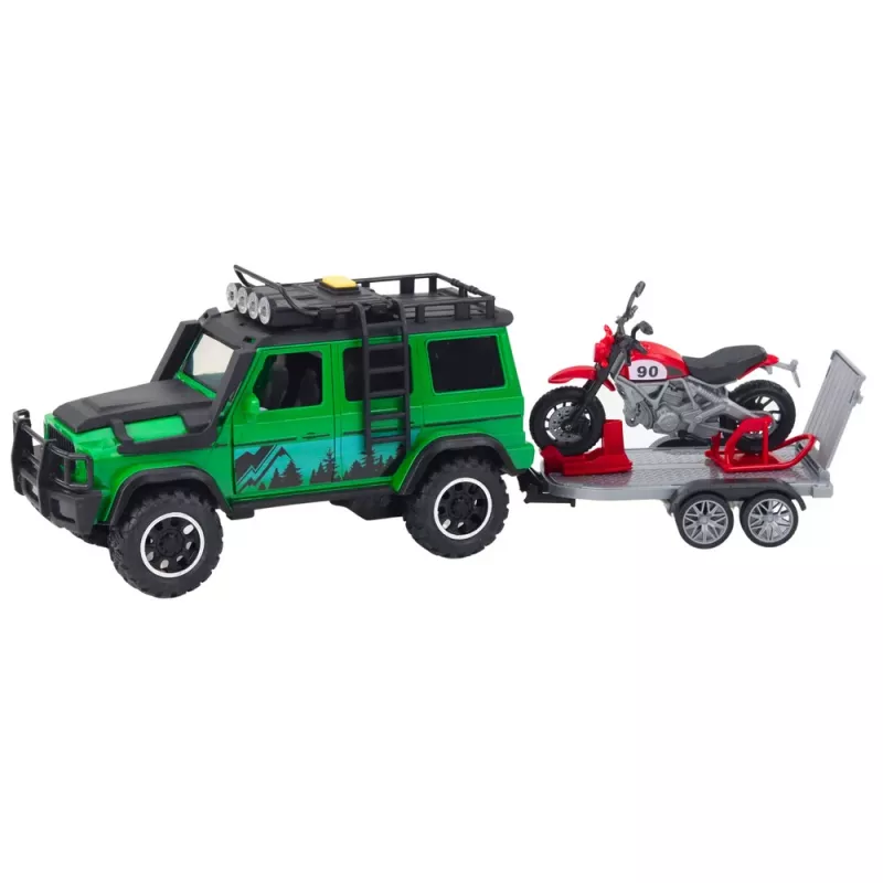 LEAN TOYS Off-road Vehicle Set with Tow Truck and Motorcycle Lights and Sounds Green