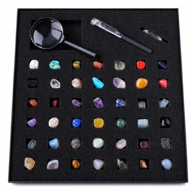 LEAN TOYS Set of Mineral Stones Natural Crystals Collection Magnifying Glass Pen 43 pcs.