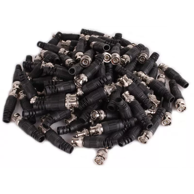 BNC Male Plug Connector for RG-59 Coaxial Cable, 75 Ohm, Screw-on, Plastic Housing, Black, 100 pcs