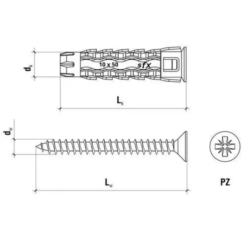 WKRĘT-MET Universal Wall Plug 10x60/70, Countersunk Screw, Cardboard Box (SFXP-10060070 x 50 pcs.)