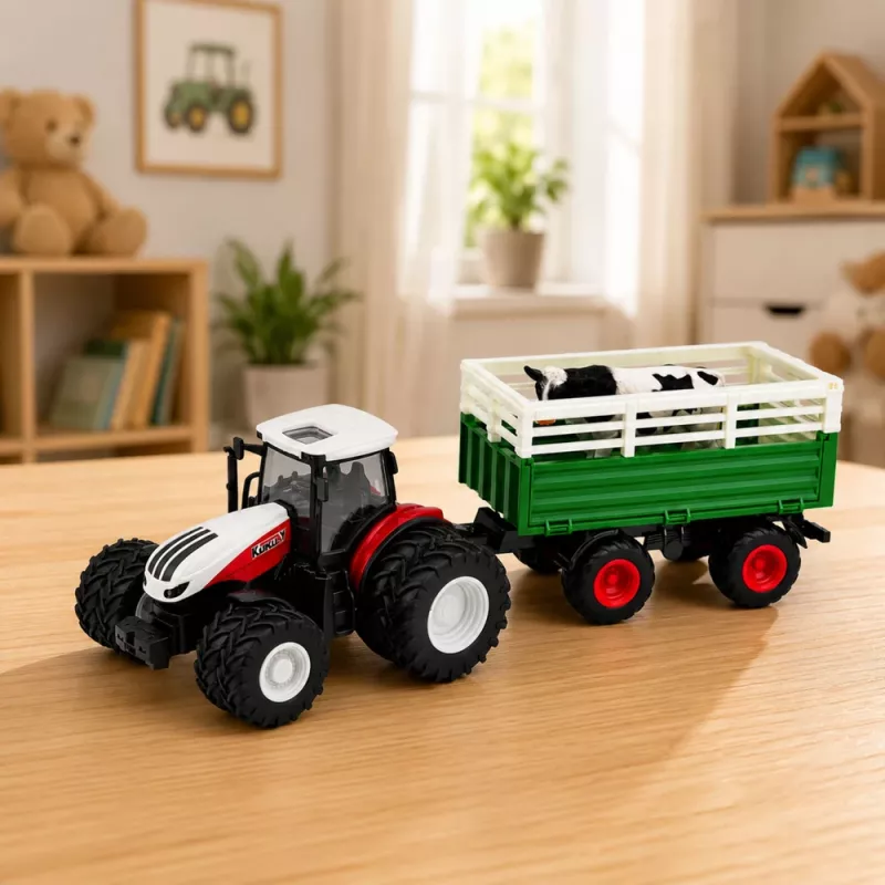 LEAN TOYS Remote Controlled RC Farm Tractor with Trailer and Cow Figure 1:24