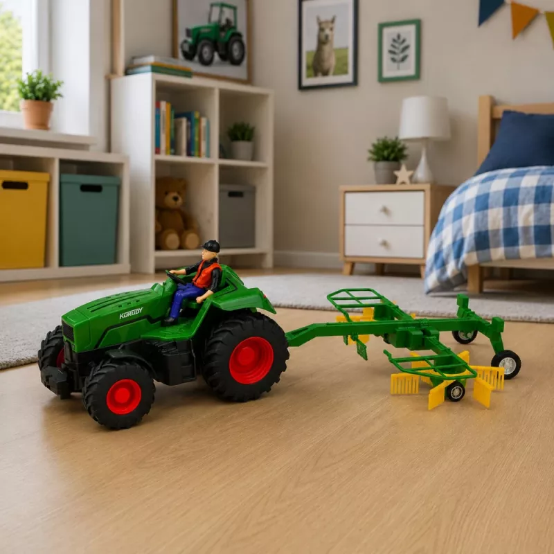 LEAN TOYS Remote Controlled Farm Tractor with Hay Rake RC Lights 1:24