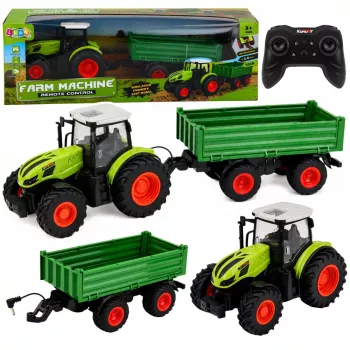 LEAN TOYS Remote Controlled RC Agricultural Tractor with Tipper Trailer Green 1:24