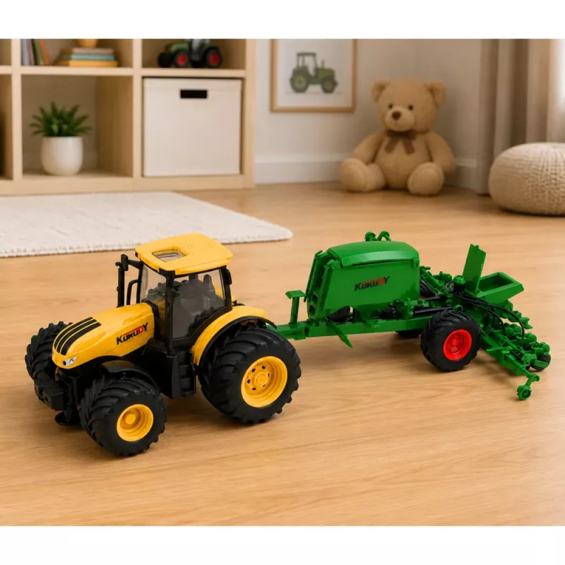 LEAN TOYS Agricultural Tractor with Seeder and Cultivator Lights Sounds Yellow 1:24
