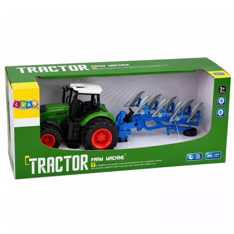 LEAN TOYS Agricultural Farm Tractor With Double-Furrow Plow Rubber Wheels Green 1:24