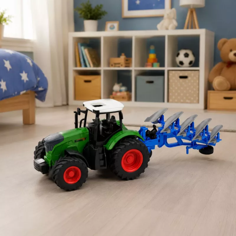 LEAN TOYS Agricultural Farm Tractor With Double-Furrow Plow Rubber Wheels Green 1:24