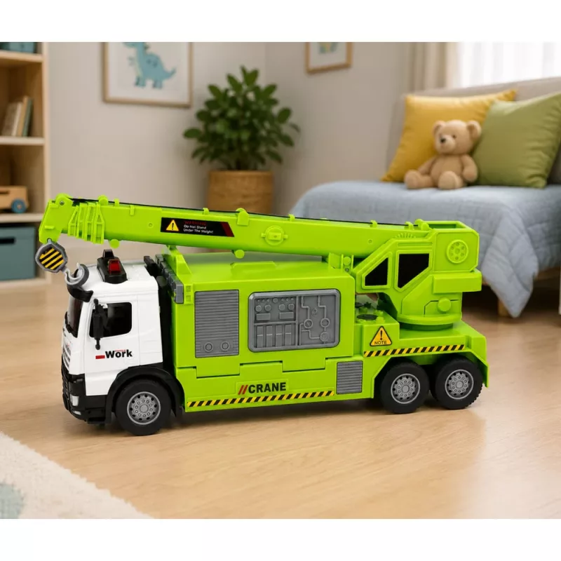 LEAN TOYS Truck with Crane and Vehicle Transporter Lights Sounds Green