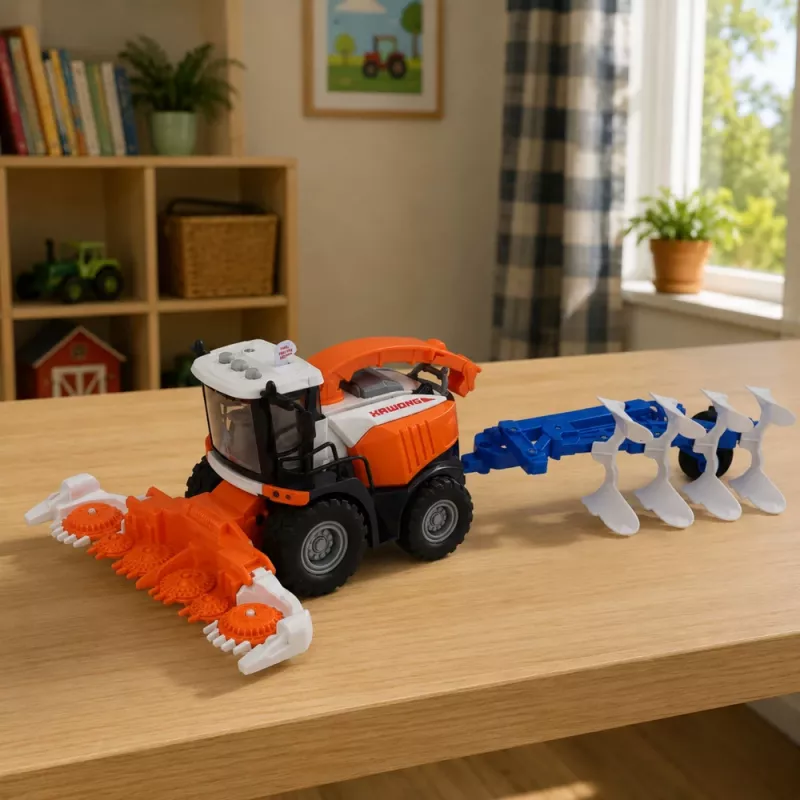 LEAN TOYS Agricultural Combine Harvester with Header and Plow Farmer Figures Horse Lights Sounds 4 pcs.