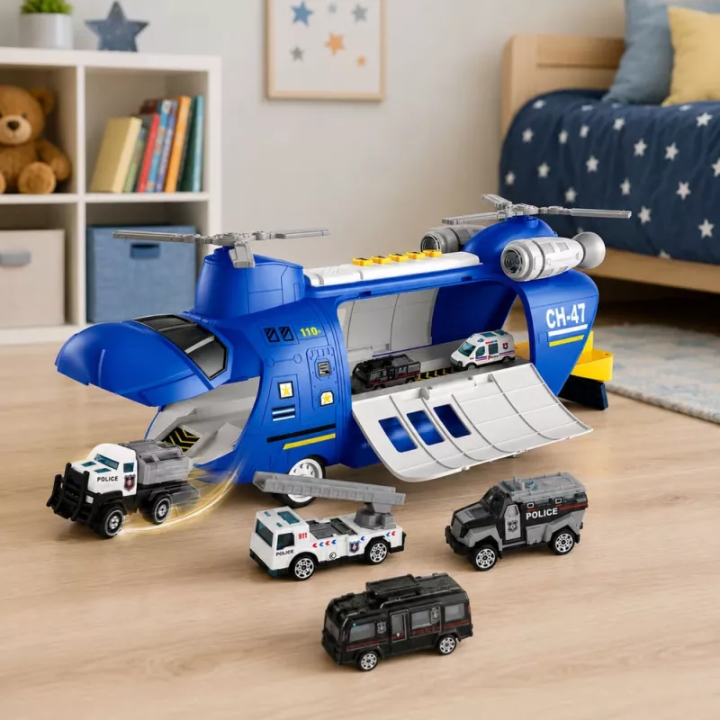 LEAN TOYS Foldable Police Transport Plane with Vehicles Lights Sounds