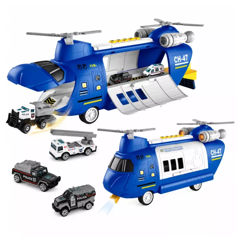 LEAN TOYS Foldable Police Transport Plane with Vehicles Lights Sounds