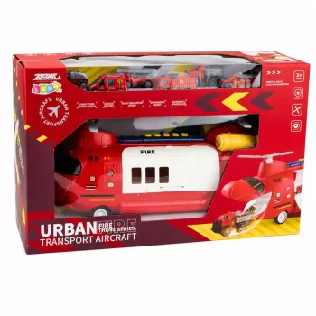 LEAN TOYS Large Foldable Firefighter Transport Plane with Vehicles, Lights, and Sounds