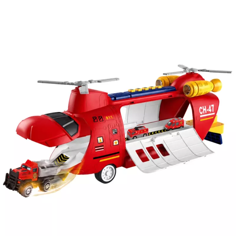 LEAN TOYS Large Foldable Firefighter Transport Plane with Vehicles, Lights, and Sounds