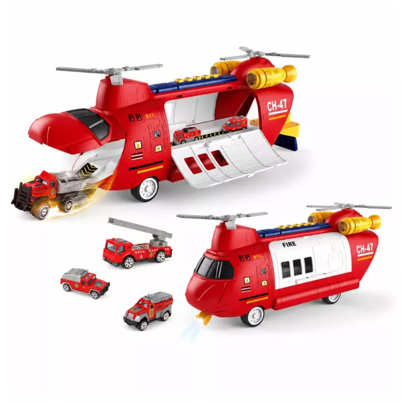 LEAN TOYS Large Foldable Firefighter Transport Plane with Vehicles, Lights, and Sounds