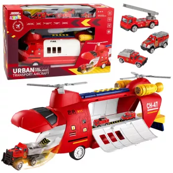 LEAN TOYS Large Foldable Firefighter Transport Plane with Vehicles, Lights, and Sounds