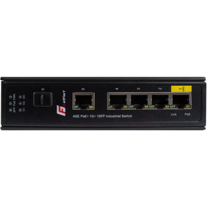 GETFORT GF-110-4PG-1G-1S Industrial PoE+ Switch, 4x PoE+ 10/100/1000Base-T + 1x 10/100/1000Base-T + 1x 1000Base-X SFP, -40°C to 80°C, DIN Rail, 65W PoE Budget