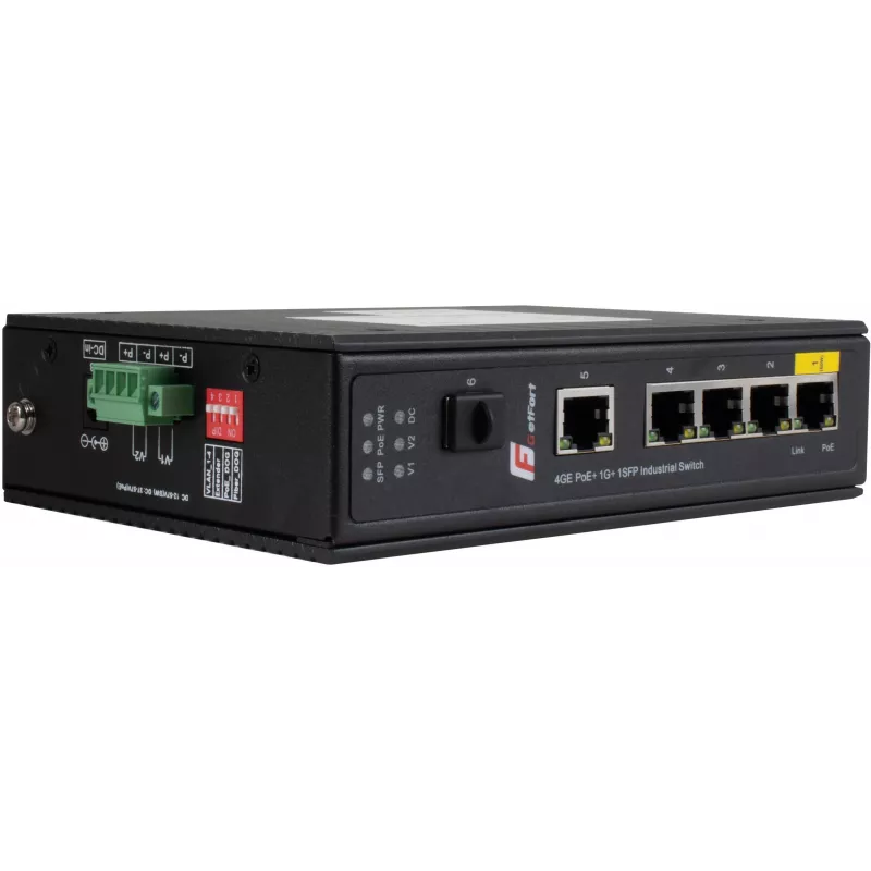 GETFORT GF-110-4PG-1G-1S Industrial PoE+ Switch, 4x PoE+ 10/100/1000Base-T + 1x 10/100/1000Base-T + 1x 1000Base-X SFP, -40°C to 80°C, DIN Rail, 65W PoE Budget