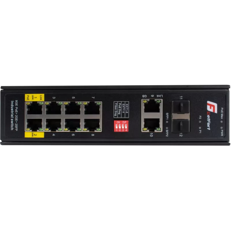 GETFORT GF-110-8PG-2G-2S Industrial PoE+ Switch, 8x PoE+ Gigabit + 2x Gigabit + 2x SFP, -40°C to 80°C