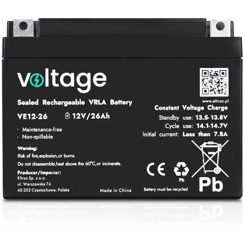 VOLTAGE AGM Battery 12V 26Ah VE12-26 (6-9 Years Lifespan)