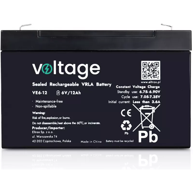 VOLTAGE AGM Battery 6V 12Ah VE6-12 (6-9 Years Life)