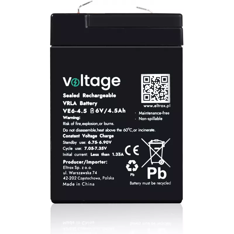 VOLTAGE AGM Battery 6V 4.5Ah VE6-4.5 (6-9 Years Lifespan)