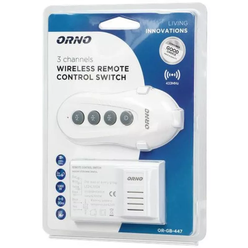 ORNO OR-GB-447 Wireless Lighting Controller 1-Channel RF Remote Control Set 433.92 MHz 1000W