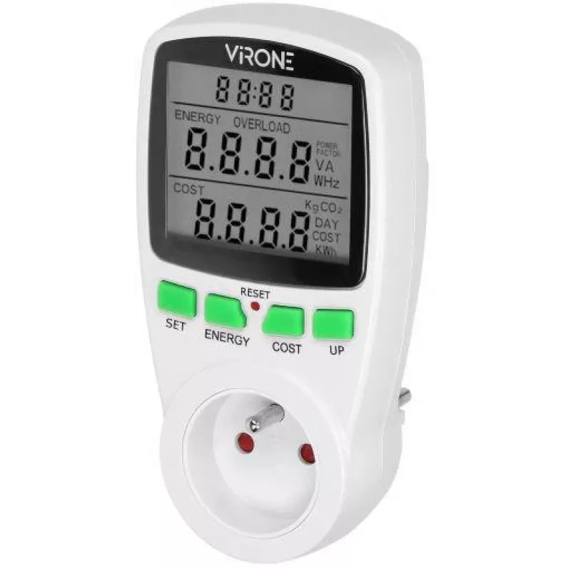 VIRONE EM-4 Single-Phase Energy Meter with LCD Display, 16A, 3680W, Schuko Plug