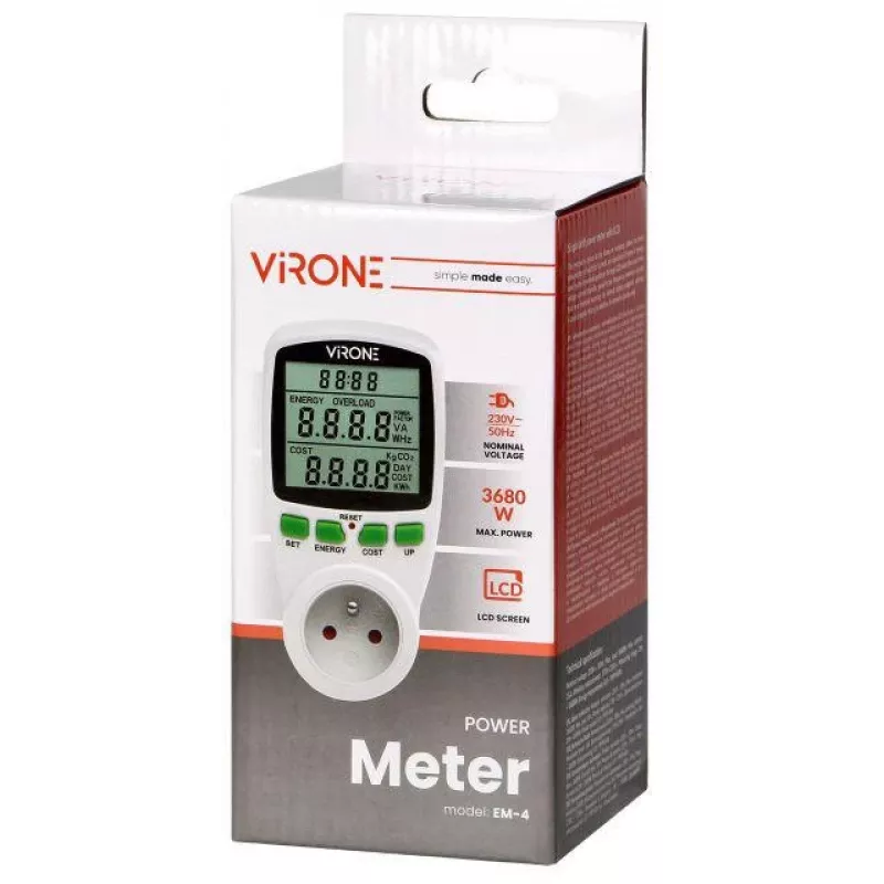VIRONE EM-4 Single-Phase Energy Meter with LCD Display, 16A, 3680W, Schuko Plug