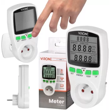 VIRONE EM-4 Single-Phase Energy Meter with LCD Display, 16A, 3680W, Schuko Plug