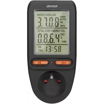 ORNO OR-WAT-435/B Energy Meter and Power Consumption Calculator, 230V, 16A, LCD Display, Black