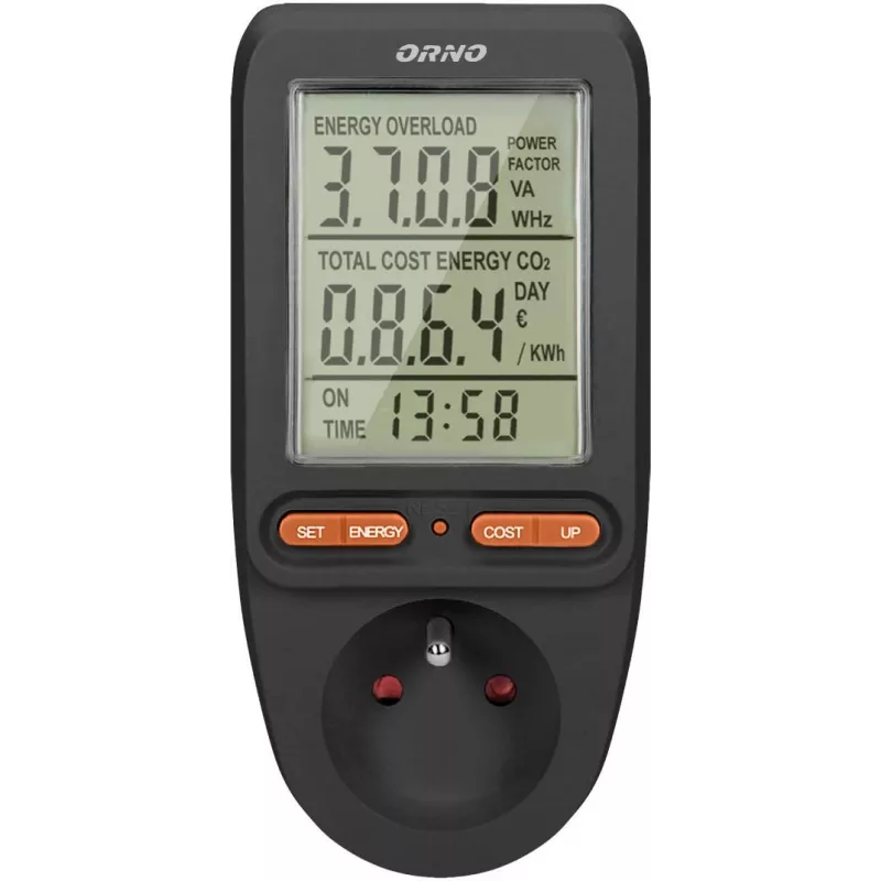 ORNO OR-WAT-435/B Energy Meter and Power Consumption Calculator, 230V, 16A, LCD Display, Black
