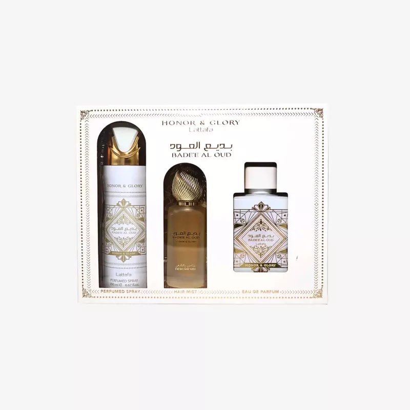 Lattafa Honor & Glory Badee Al Oud Eau de Parfum Gift Set - 100ml EDP + 200ml Perfumed Body Spray + 300ml Air Freshener
